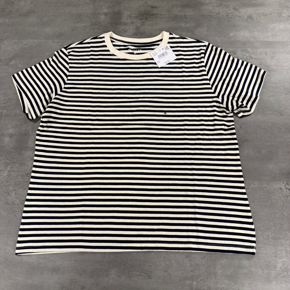American Eagle T-Shirt Womens M Striped Navy Cream Short Sleeve NEW